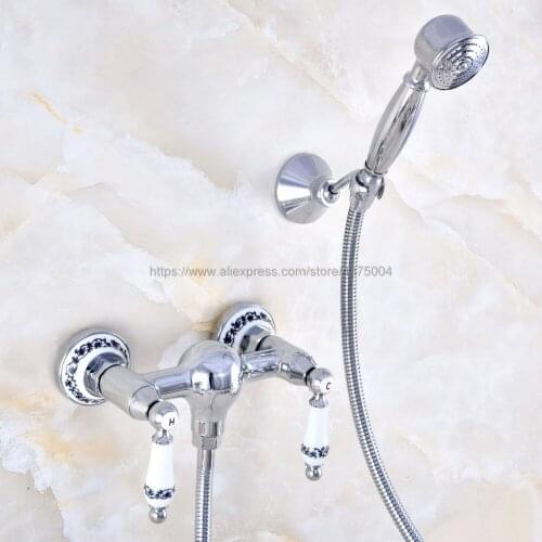 Polished Chrome Bathroom Shower Faucet Mixer Tap With Hand Shower Head Shower Faucet Set Wall Mounted Nna782