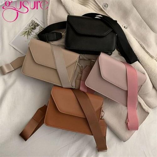 Gusure Casual Design Women Handbags Solid PU Leather Ladies Flap Crossbody Bags Totes Wide Strap Shoulder