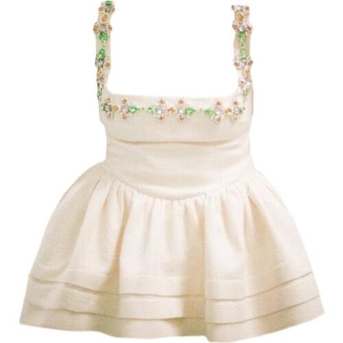 Heavy industry summer French style rhinestones strap shirt women sleeveless sweet tops