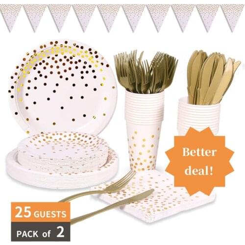 White Gold Party Supplies Golden Dot Disposable Dinnerware Plates Tableware Sets for Graduation Birthday Wedding Christmas