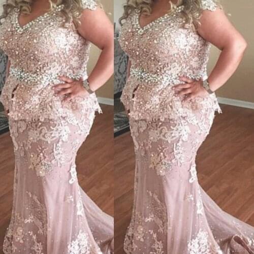 SuperKimJo Plus Size Evening Dresses Long Mother of the Bride Dresses Pink Lace Applique Beaded Evening Gowns Robe De Soiree