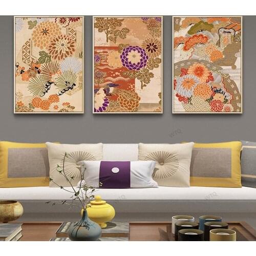 WTQ Nordic Style Japanese Art Flower Fan Retro Poster Canvas Painting Wall Art Picture for Living Room Decoration Home Deco