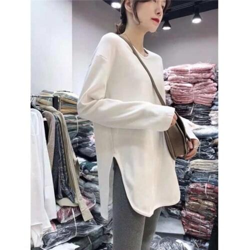 2021 New Spring Autumn Letter Solid Color O-neck Long-sleeved T-shirt Womens Medium-length Loose White Bottom Top Y442