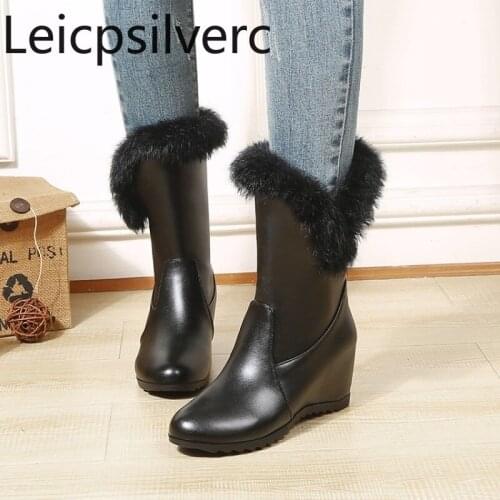 Womens Boots Autumn And Winter The New Round head Internal increase mid heel Middle tube Womens shoes plus size 34-43 6cm high