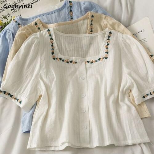 Shirts Women Summer Cropped Embroidery Floral Girls Kawaii Square Collar Harajuku Clothing Tops Ins New Arrival Design Trendy