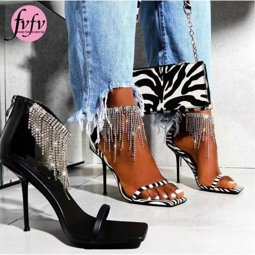 [fvfv]summer black zebra Sandals Tassel Crystal Wedding Shoes Women 2021New Bridal Shoes High Heels Thin Heeled Rhinestone Shoes