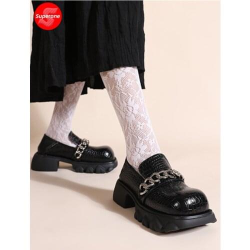 Superone Women Block Heels Pumps Real Leather Platform Mid Heels Shoes Cow Leather Chain Round Toe Shoes Ladies Black 2021 35-40