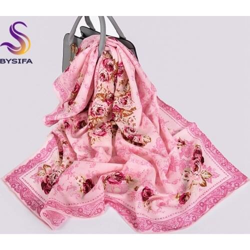 [BYSIFA] Winter Women Pure Cashmere Silk Scarves Hijabs New Chinese Roses Pink Square Scarf Shawl Autumn Ladies Neck Head Scarf