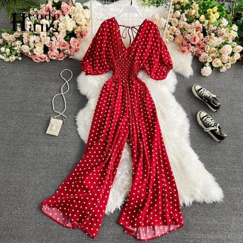 HangCode 2021 Summer V-neck Polka Dot Women Jumpsuits Sexy V-neck Backless Long Wide Leg Rompers Elegant Batwing Sleeve Overalls