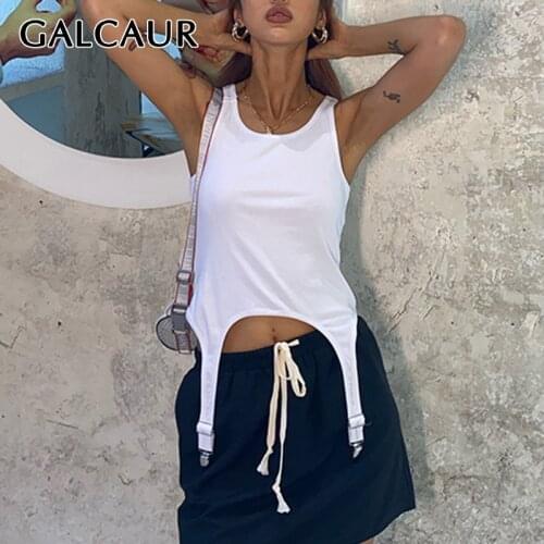 GALCAUR Patchwork Metal Buckle For Female Vest O Neck Sleeleves High Waist Slimming Pure Color Womens Vest Fashion Tide 2021