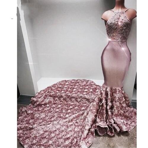 Formal Evening Dress Dusty Pink Mermaid Long Evening Dresses Custom Made Vestido De Festa Halter Prom Gown 3D Rose Crystal