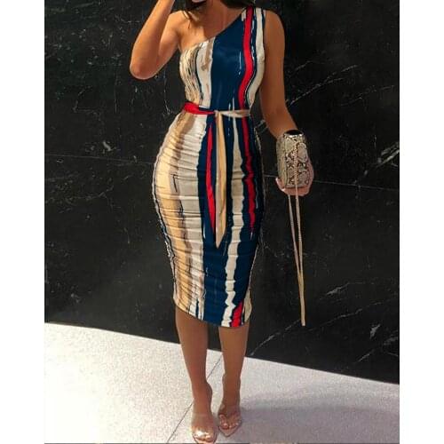 2021 Elegant Workwear Outfits One Shoulder Ruched Tie Front Muticolor Striped Sexy Midi Bodycon Dress Womens Club Party Dresses
