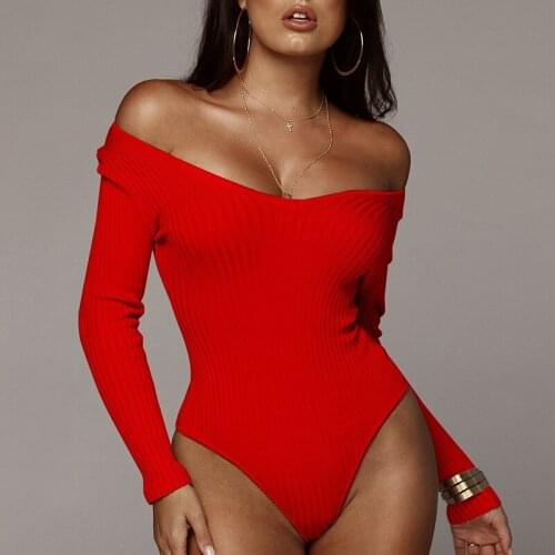 ShiMai Off Shoulder Ribbed Knitted V Neck Bodysuit Women Sexy Backless Long Sleeve White Summer Autumn Woman Slim Body Romper