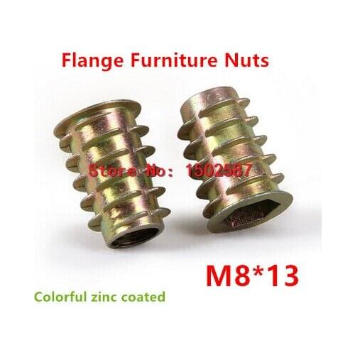 20pcs/lot M8*13 Furniture Nut Zinc Alloy Steel Colorful Plated Flanged Hex Drive Internal Thread Insert Wood Nuts