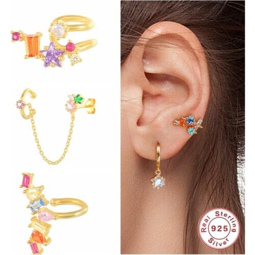 Aide Real 925 Sterling Silver Colorful Rhinestone Star Ear Cuff Earring Green CZ Non Piercing Chain Clip Earrings Party Jewelry