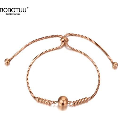 BOBOTUU Rose Gold Titanium Stainless Steel Round Beads Charm Bracelets For Women Bohemia Rose Gold Box Chain Bracelet BB20051