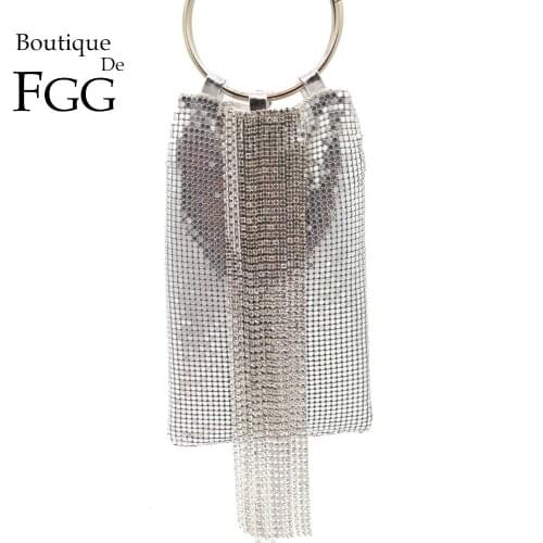 Boutique De FGG Dazzling Silver Crystal Tassel Women Aluminum Evening Purse Cocktail Party Wristlets Clutch Handbag
