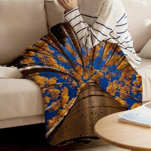 Autumn Sky Big Tree Yellow Leaves Printed Flannel Blanket Soft Throw Blanket Machine Washable Blankets for Beds