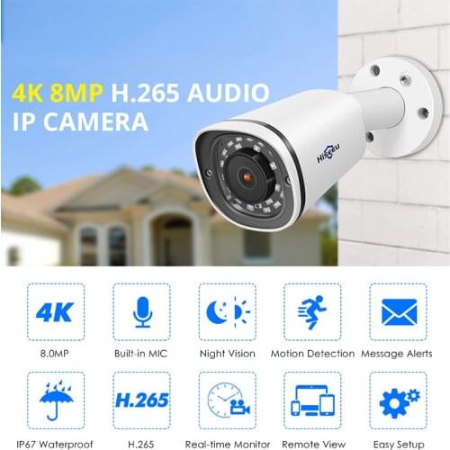Hiseeu New Bullet 4K 8MP POE IP Camera Waterproof Audio Record Video Surveillance Security CCTV Camera for POE NVR 48V H.265