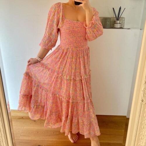 Jastie Women Summer Dress 2021 Floral Print Square Neck Puff Half Sleeve Elastic Waist Slit Midi Dress Bohemian Prom Beach Dress