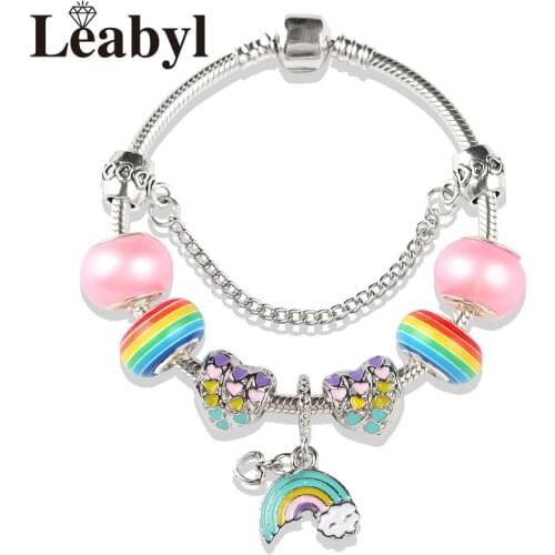 Leabyl Cute Rainbow Heart Moon Pendant Charm Bracelet Colorful Crystal DIY Bead Bracelet for Women Child Fashion Jewelry Gift