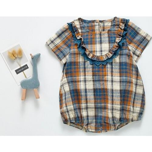 Summer 2021 Fashion Newborn Baby Girl Cotton Romper Sets Short Sleeve Plaid Casual Jumpsuits for Infant Kids Cheap One-Piece Clo