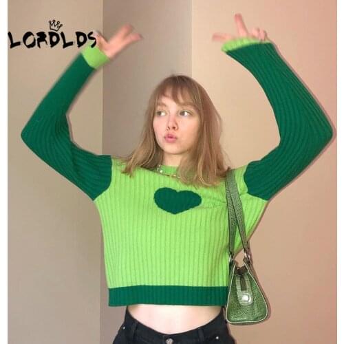 LORDLDS Women Knitted Oversized Pullovers Sweater Cute Kawaii Heart Printed Autumn 2021 Patchwork Tops Fashion Ladies Clothes