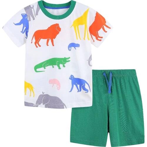 2Pc Fashionable Little Baby Boys Outfit Summer Toddler Round Collar Cartoon Animal Printing Short Sleeve Tops Solid Color Shorts