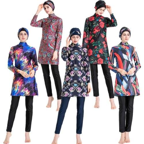 Islamic Women Swimwear Burkini Muslim Hooded Hijab Swimsuit Modest Swim Surf Wear Floral Sport Full Suit for Swimming 3 Piece