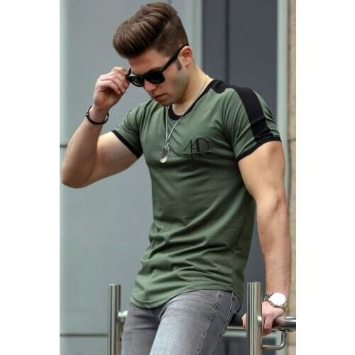 Mens Printed Khaki T-Shirt Striped Modern Casual Cut Flexible Fabric Casual Attractive