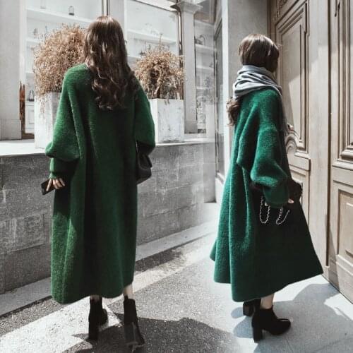 Soft Synthetic Mink Thick Warm Long Sweater Cardigan Korean Women Winter Coat Batwing Sleeve Knit Long Cardigan Vintage Green