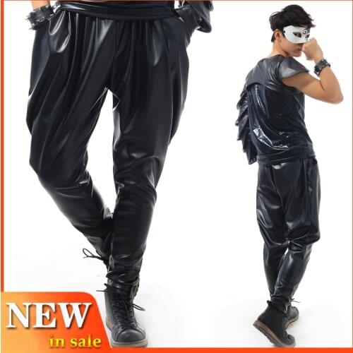 New Male Male Singer Clothes DJ Costume Nightclub Leather Trousers Bigbang GD Black Slim Elastic Pants GoGo Dance Costume BL2219