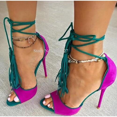 Lady New Fringe Tassels Sandals Women Fashion Peep Toe Mixed Color Lace-up Stiletto Heel Sandals Shoes Real Photos High Heels