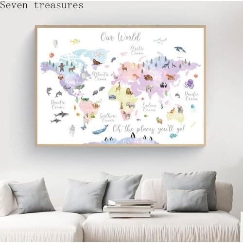 Educational Animal World Map Children Poster Nursery Wall Art Canvas Print Painting Baby Kid Bedroom Playroom Home DecorPicture