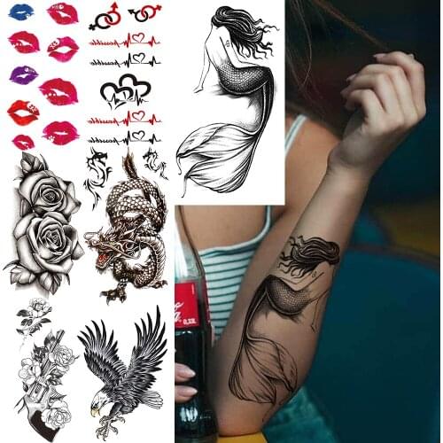 Mermaid Fake Temporary Tattoos For Women Kids Black AK47 Rose Flower Tattoo Lip Dragon Eagle Heart Waterproof Tatoo Clavicle Ear