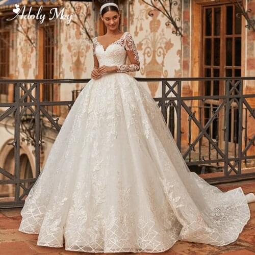 Adoly Mey Luxury Appliques Beading A-Line Wedding Dress 2020 Elegant Scoop Neck Long Sleeve Princess Bride Gown Vestido De Noiva