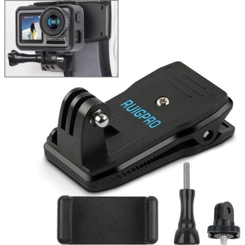 360 Degree Rotation Backpack Rec-Mounts Clip Clamp Mount + Phone Clamp for DJI Osmo Action, GoPro NEW HERO / HERO7 /6 /5 /4 etc