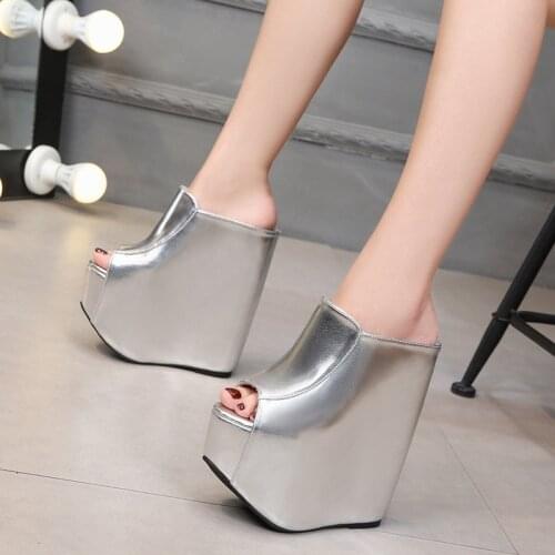 Slippers Women 2020 Sexy Super High Heel 18CM Thick Bottom Waterproof Platform Silver-white Inner Increase Ladies Catwalk Shoes