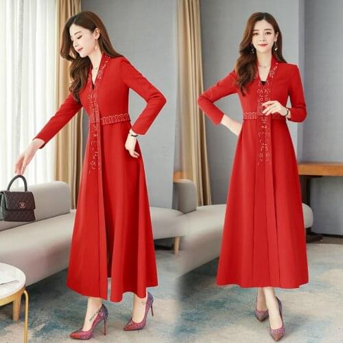 High Quality Elegant Womens Windbreaker Spring Autumn New Embroidery Trench Coat Womens Folk Custom Long Outwear Red W2403