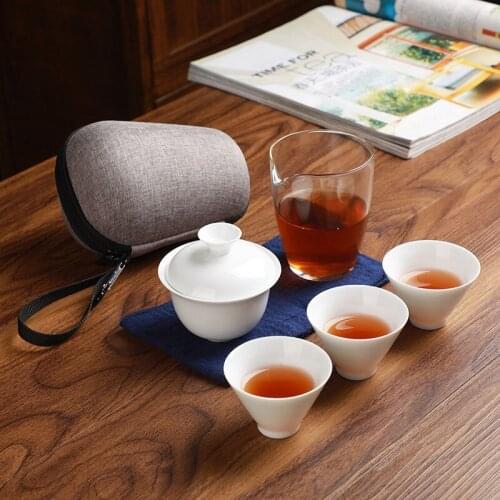 High quality Portable tea set Include 3 tea cups 1 GaiWan 1 bag,Chinese Travel White porcelain Kung Fu Tea Cup