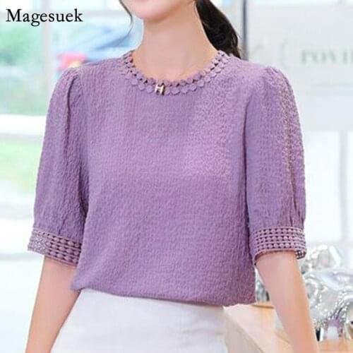2021 Pleated Short Sleeve Summer Tops Blusas Mujer Korean Solid Chiffon Blouse Women Casual Hollow Plus Size Women Shirts 10205