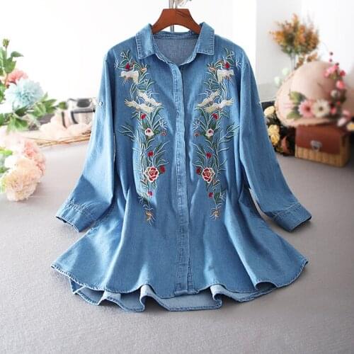 Womens spring autumn chinese style embroidery casual loose cowboy shirt ladys single breasted cotton mid-length blouse TB3972