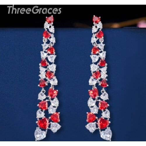 ThreeGraces Cute Love Heart CZ Red Fashion Jewelry Long Full Zircon Paved Drop Earrings for Women Pendientes Mujer Moda ER332