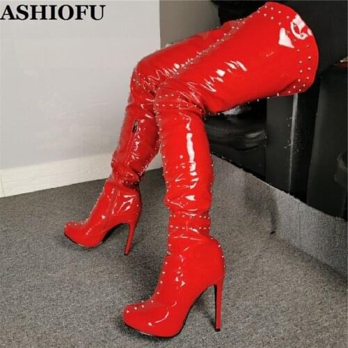 ASHIOFU Elegant Womens Thigh High Boots Mini Rivets Spikes Sexy Shiny Bright Over Knee Boots Club Evening Winter Fashion Boots