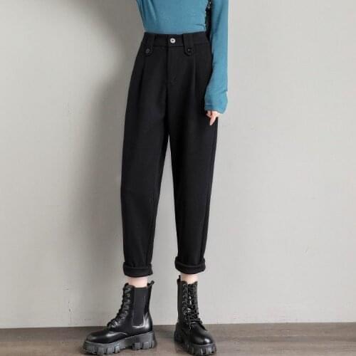 Women 2021 Autumn Winter Woolen Pants Female High Waisted Casual Harem Pants Slim Office Lady Ankle-length Woolen Trousers Y499