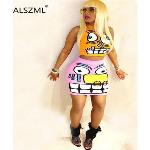 Young party women fashion hanging neck cute cartoon print crop top and hot short 2 pieces set high street lady fashion outfits