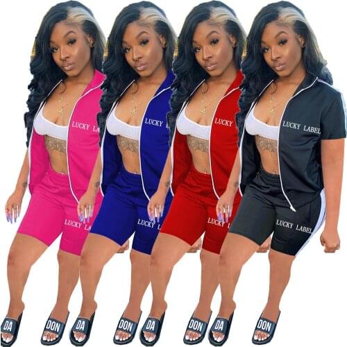 Casual Lucky Label Sportswear Two Piece Sets Women 2021 Short Sleeve Jackets Coat + Biker Shorts Matching Set Summer Outfits