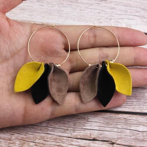 ZWPON 2019 Fashion Triple Leaf Suede Leather Hoop Earrings for Women Soft Genuine Leather Earrings Leather Jewelry Wholesale