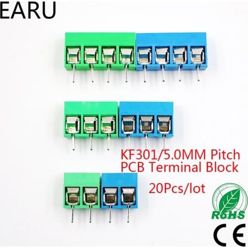 20Pcs/lot KF301-5.0-2P KF301-3P KF301-4P Pitch 5.0mm Straight Pin 2P 3P 4P Screw PCB Terminal Block Connector Blue Green