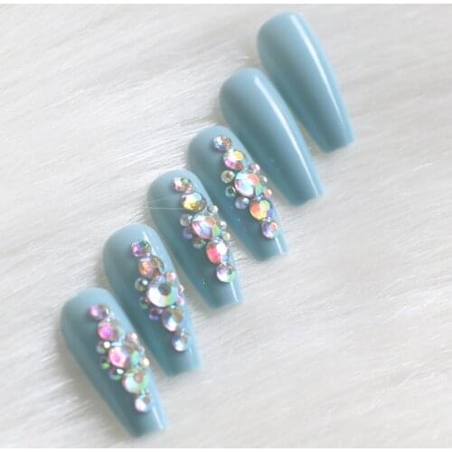 24pcs latest candy long ballet handmade crystal diamond fake nails sexy light blue
